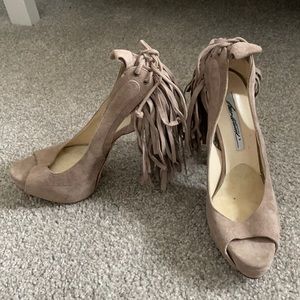 Brian Atwood Verner Suede Fringe Peeptoe